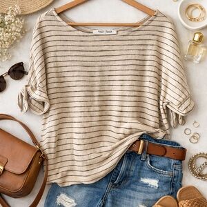 White House Black Market Beige Black Stripe Tie Sleeve Top Size S